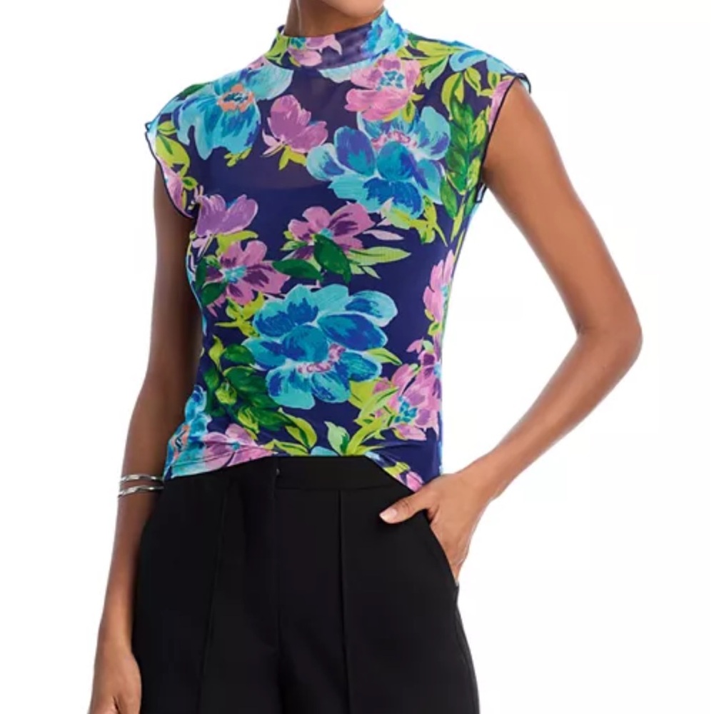 AQUA Floral Mock Neck Sleeveless Blouse Purple Blue Bloomingdale’s Women’s S